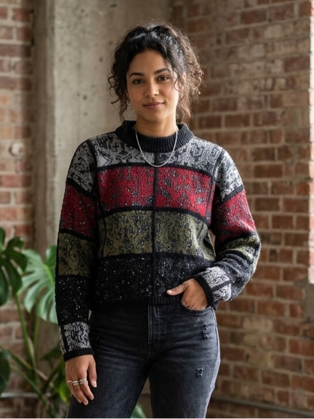 Take 50% OFF- Gil AimbezColorblock Crewneck Sweater - Black, Red & Olive, Sz-S